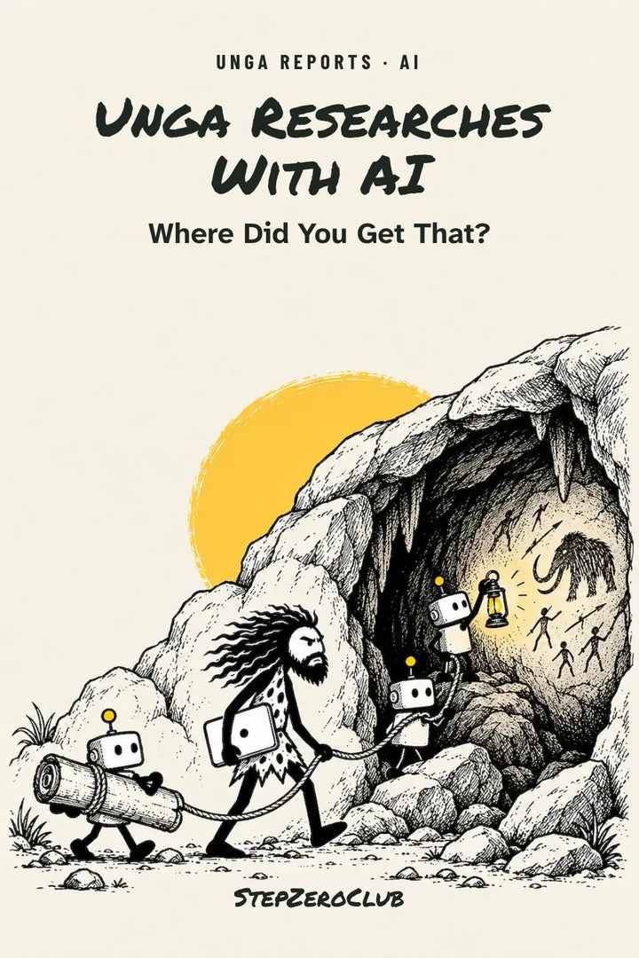 Unga Researches With AI — illustrated Unga Report cover about finding sources and checking claims.