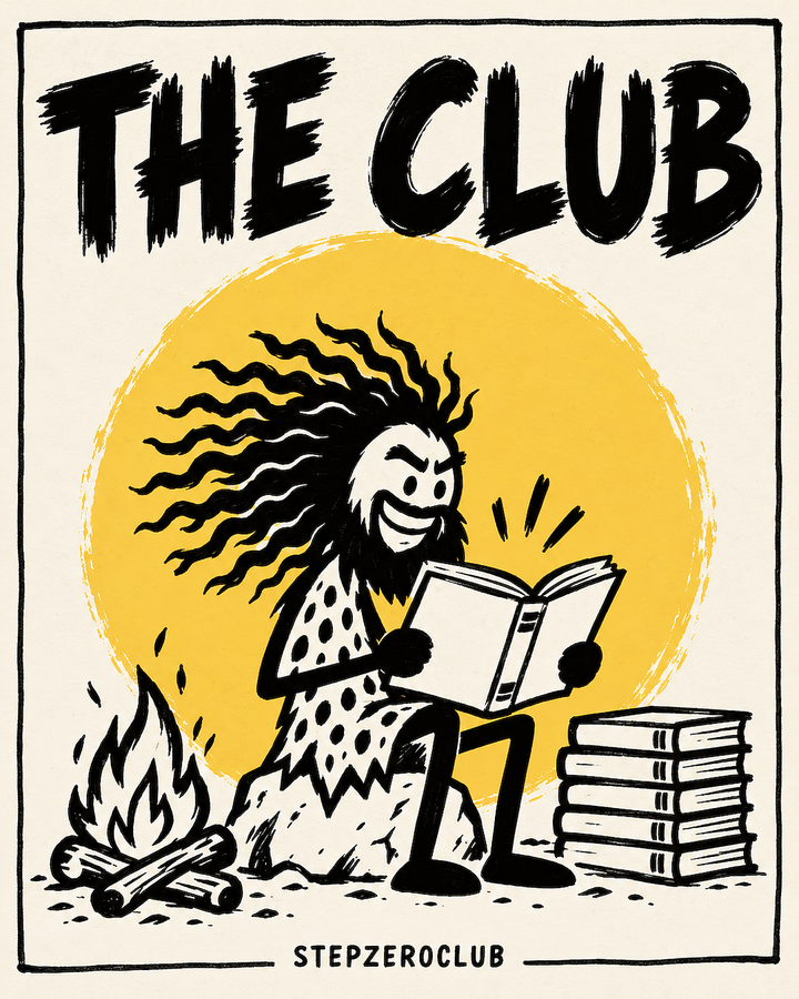 The Club: Unga reads a report by the campfire next to a stack of books