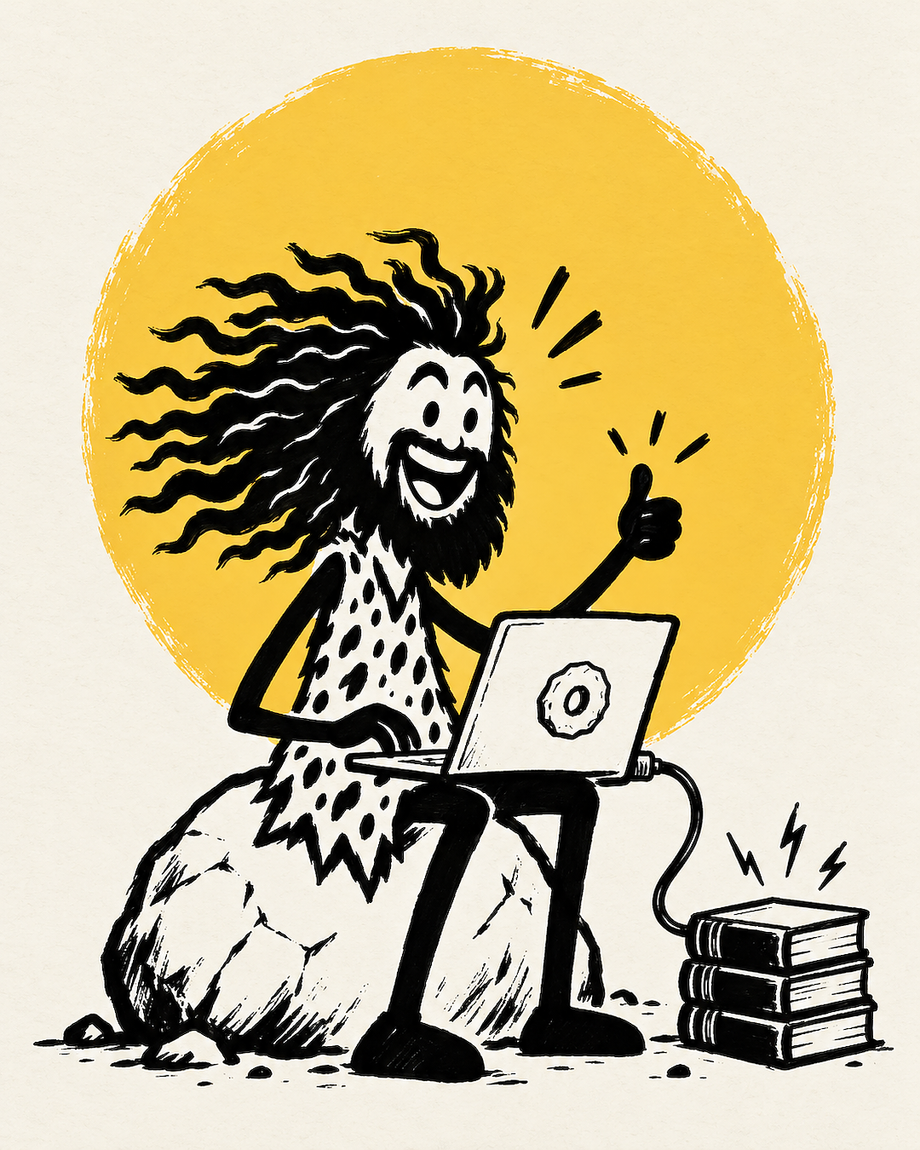 Unga gives a thumbs up from his laptop, plugged into a stack of reports