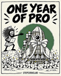One year of Pro: Unga in a crown presents a log-and-stone rocket tied with a giant bow as his bots cheer