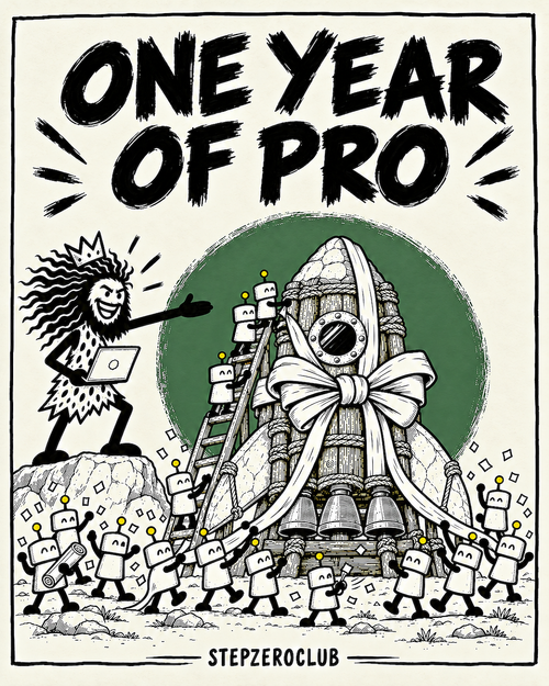 One year of Pro: Unga in a crown presents a log-and-stone rocket tied with a giant bow as his bots cheer