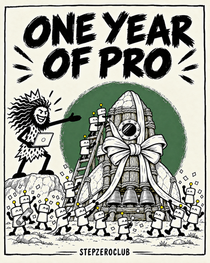 One year of Pro: Unga in a crown presents a log-and-stone rocket tied with a giant bow as his bots cheer