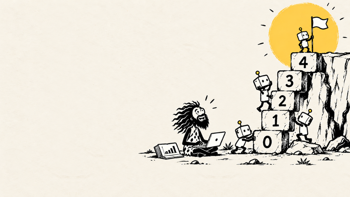 Unga sits with a laptop as little boxy AI robots build a stone staircase numbered 0 to 4 up a cliff toward the sun